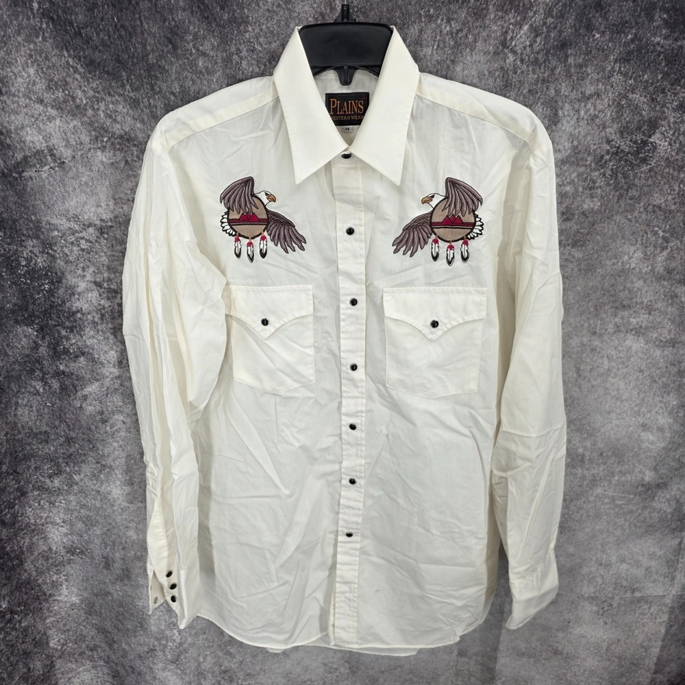 Plains Western Shirt Mens Medium White Pearl Snap Cowboy Rodeo Rancher Eagles